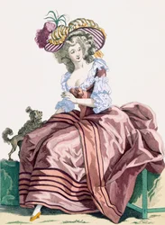 レボーの彫刻が施された、女性用のエレガントなキャラメル色のサテンドレス、「Galeries des Modes et Costumes Francais」c.1778-87のプレートno.172